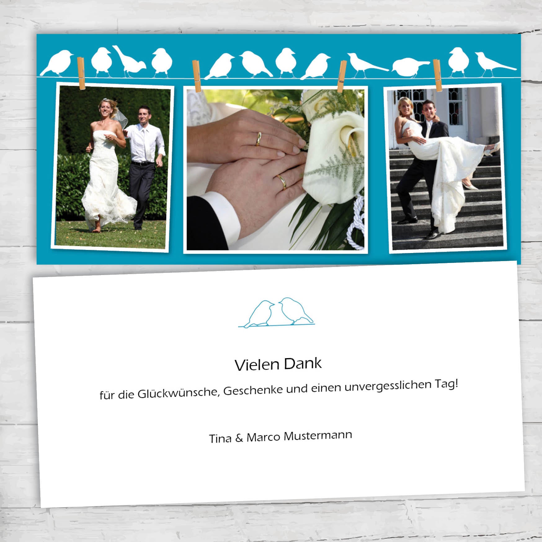 Danksagungskarten zur Hochzeit: Spatzen blau Individuelle Einladung